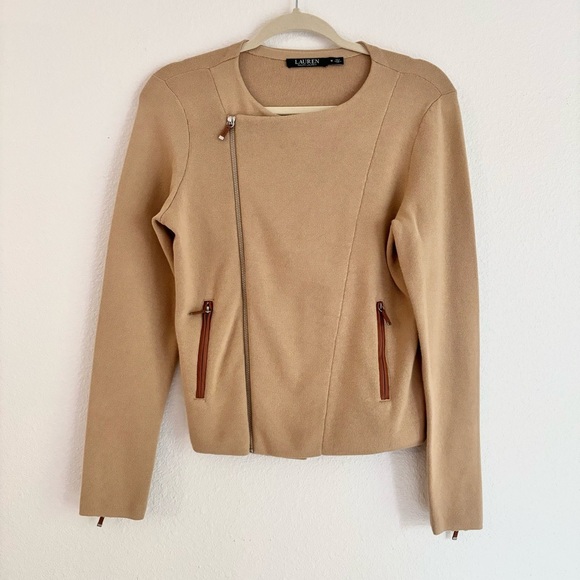 Lauren Ralph Lauren | tan angle zip jacket with leather details - Picture 1 of 5